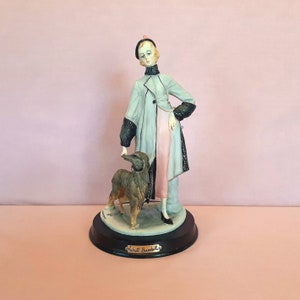 Capodimonte Woman With Dog Statue Figurine Art Deco Style Roberto Brambilla Bisque Porcelain on Wood Base 1987 10.5&quot; Tall