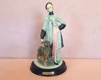 Capodimonte Woman With Dog Statue Figurine Art Deco Style Roberto Brambilla Bisque Porcelain on Wood Base 1987 10.5" Tall