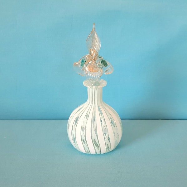 Murano Blown Glass Perfume Bottle Latticino Filigrana Mint Green and White Ribbons Stopper With Gold Fleck and Applied Flowers