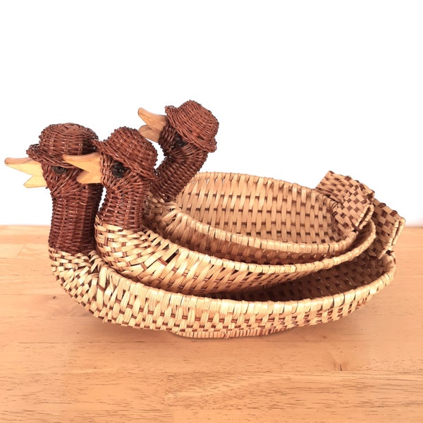 Nesting Duck Baskets with Hats Set of Three Two-Tone Wicker Oval Shallow Baskets with Wooden Beaks