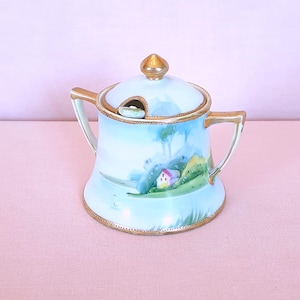 Nippon Sugar Bowl Jam Jar Mustard Pot Hand Painted Gold Moriage Double Handle Lid and Spoon Japan Reproduction?