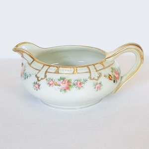 Nippon Creamer Hand Painted Antique Porcelain with Pink Roses and Gold and Blue Moriage Trim 1911-1921