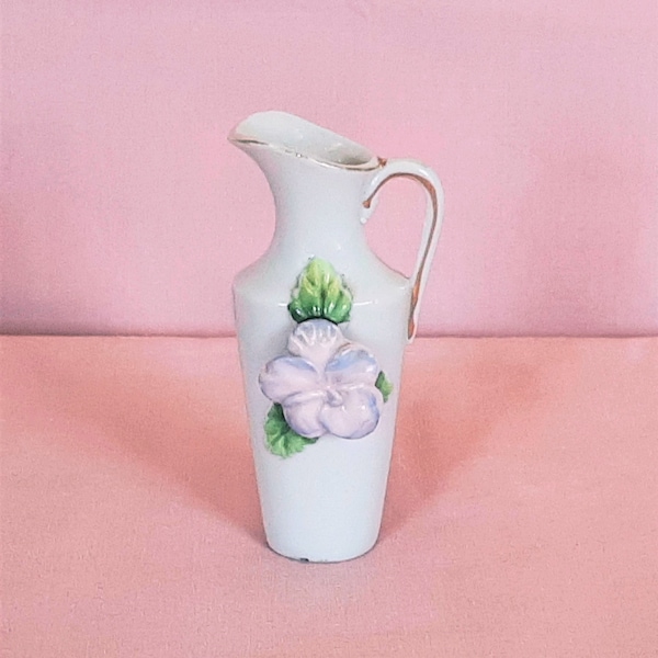 Small Pitcher or Vase 4" Tall White with Pink Applied Flower Gold Trim Made in Japan