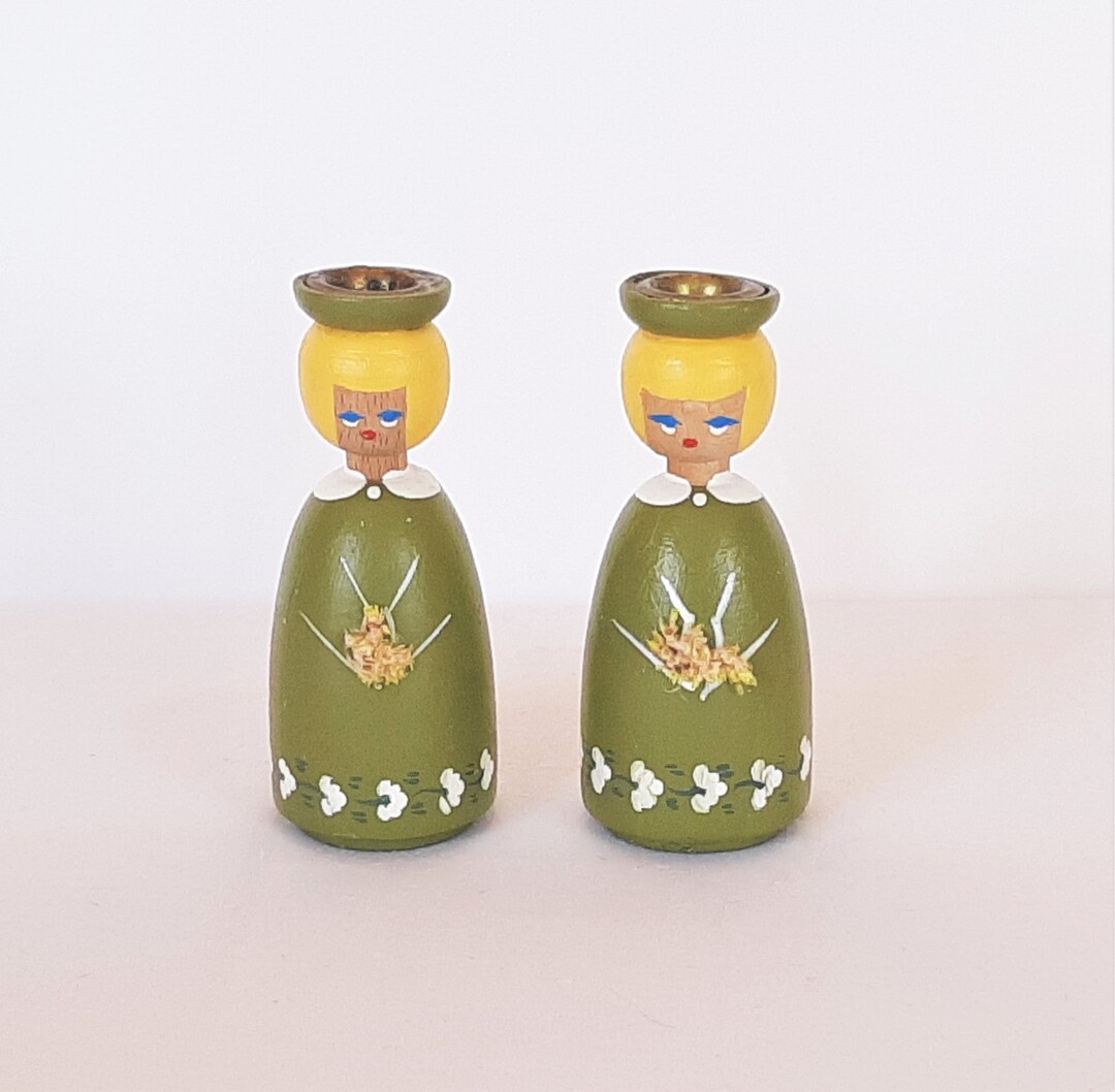 Wooden Girl Candle Holders Pair Blonde Hair Green Dresses Etsy