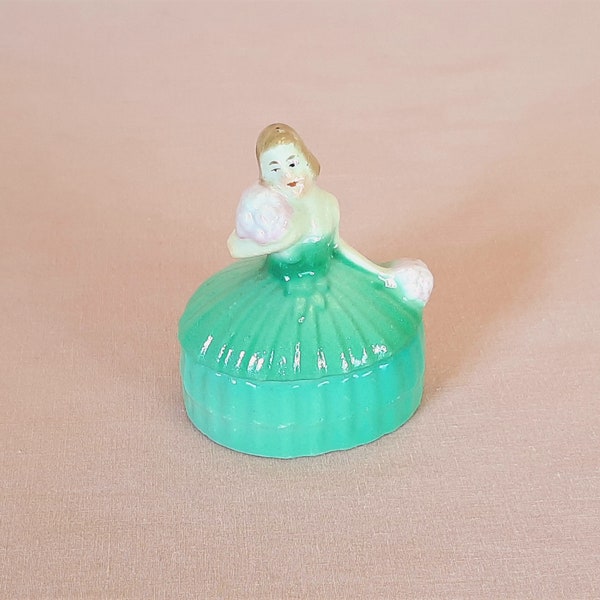 1920s Lady Trinket Box Figural Porcelain Made in Germany Small 2.75" Tall