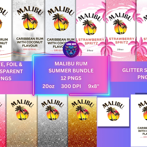 MALIBU Rum SUMMER BUNDLE / download digitale / involucro per bicchiere da 20 once / glitter / trasparente / opaco / Collezione Tumbler / Carta digitale / png