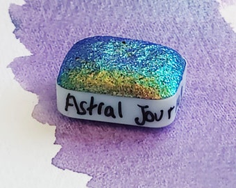 Handcrafted watercolor 1/4 godet pan light blue green purple yellow colorshift iridescent paint calligraphy handlettering ASTRAL JOURNEY