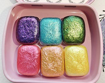 Handmade Watercolor Palette 6 1/4 Pans DuoColor ColorShift Spring Colors FLORILEGIUM SET