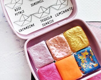 Set of 6 1/2 pan watercolors handmade colorshift watercolors pearlized flakes iridescent AriMaro Set