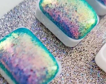Handmade watercolor 1/4 godet pan light blue pink orange blue colorshift iridescent paint calligraphy handlettering handmade GEISHA