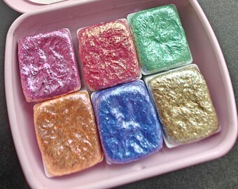 Set of 6 1/2 pan watercolors handmade colorshift watercolors pearlescent pastel iridescent A Sunny Day