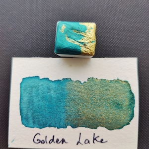 Aquarelle 1/2 godet bicolore or et bleu sarcelle deux couleurs en un, fabriquée à la main GOLDEN LAKE