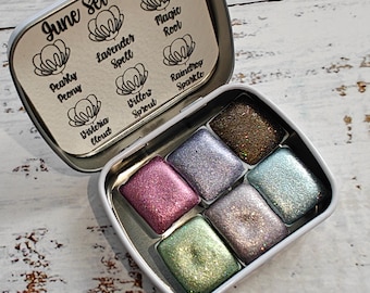 Set of 6 1/2 pan holographic chrome watercolors handmade brown green purple lilac JUNE set HOLO