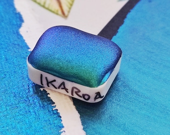 Aquarelle artisanale 1/4 godet bleu sarcelle azur violet supercolorshift calligraphie irisée peinture lettrage à la main IKAROA
