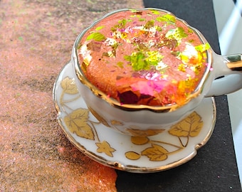 Handmade watercolor PUMPKIN LATTE orange iridescent flakes in 1/2-pan ceramic cup