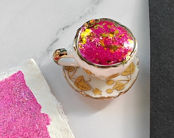 Handmade watercolor "It's my Party" pink magenta iridescent flakes in a 1/2-pan ceramic cup