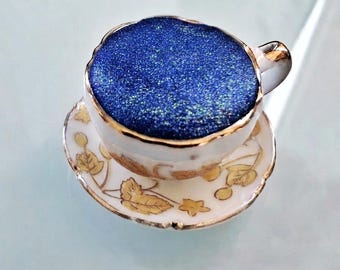 Whisper of the Wind Handmade Watercolor Holo Blue Metallic Holographic Glitter in 1/2 Pan Ceramic Cup