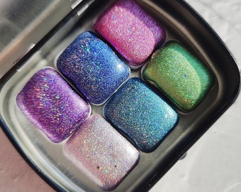 Set of 6 1/4 pan watercolors high quality holographic holo watercolors calligraphy lettering blue green pink HOLOSIX SET