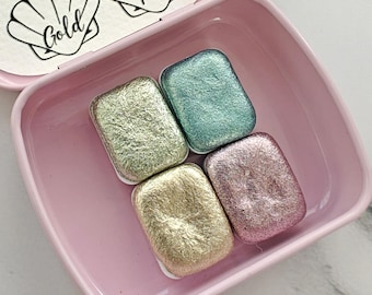 Set of 4 1/4 high quality handmade watercolors calligraphy lettering metallic gold rose blue green CRYSTAL HOLO Set