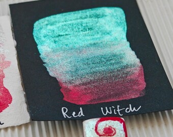 Watercolor 1/2 godet pan two-tone pearly red and iridescent white two colors in one handmade RED WITCH