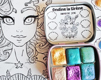 Set of 6 1/2 pan watercolors, high quality, pearlescent, iridescent, holographic, lettering watercolors "Ondine la Sirène"