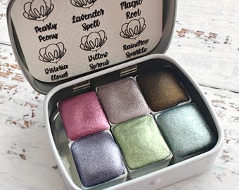 Set of 6 1/2 pan metallic chrome watercolors handmade brown green purple lilac JUNE set