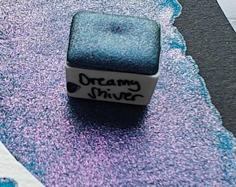 Handmade watercolor blue iridescent interference handlettering calligraphy DREAMY SHIVER