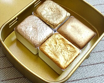 Set of 4 1/2 Pans High Quality Handmade Watercolors Calligraphy Gold Gilded Patina Lettering FOUR GOLDS Set