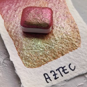 Handmade watercolor 1/4 pan, rust green tones, colorshift, iridescent paint, calligraphy, handlettering, handmade, AZTEC