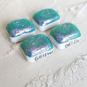 Handmade watercolor 1/4 godet pan light blue pink orange blue colorshift iridescent paint calligraphy handlettering handmade GEISHA image 5