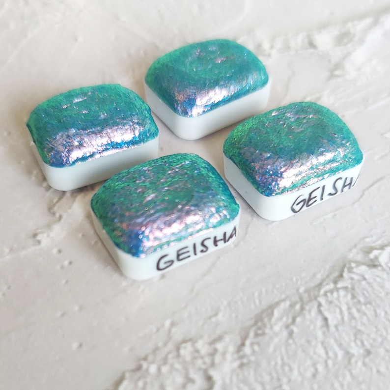 Handmade watercolor 1/4 godet pan light blue pink orange blue colorshift iridescent paint calligraphy handlettering handmade GEISHA image 5