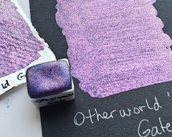 Handmade watercolor blue iridescent interference handlettering calligraphy OTHERWORLD GATE