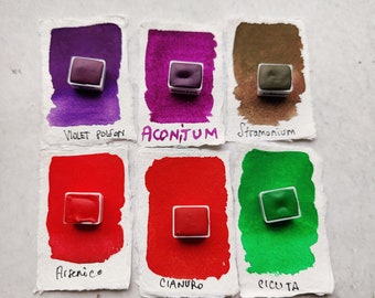 May include: Six watercolor paint pans in white squares with labels. The colors are violet, purple, brown, red, red, and green. The labels are "Violet Poison", "Aconitum", "Stramonium", "Arsenico", "Cianuro", and "Cicuta".