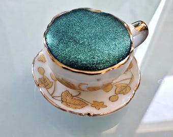 Handmade Watercolor Velvet Green Holo Metallic Holographic Glitter in 1/2 Pan Ceramic Cup