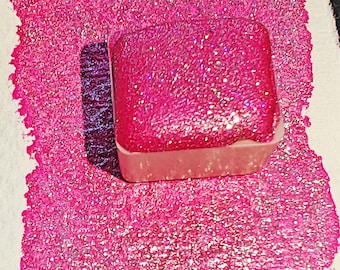 Handmade watercolor magenta iridescent holographic pearly handlettering calligraphy STRAWBERRY MARSHMALLOW Holo
