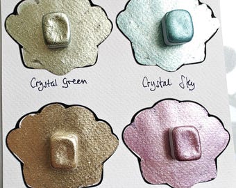 Set of 4 1/4 high quality handmade watercolors calligraphy lettering metallic gold pink blue green CRYSTAL Set