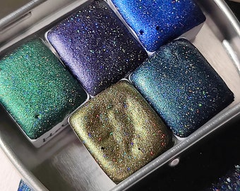 Set of 5 1/2-pan watercolors in holographic blue-green tones "HOLO Tales from the Woods"