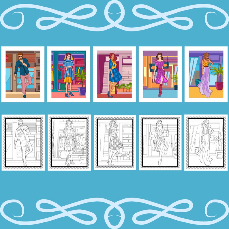 May include: A collection of fashion illustrations, featuring both colored and black-and-white drawings. The colored illustrations showcase various outfits, including dresses and casual wear, set against stylized backgrounds. The black-and-white drawings offer a coloring book style.