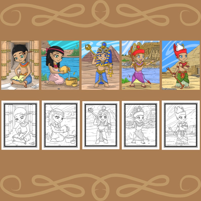 May include: A set of coloring pages featuring children dressed in Egyptian costumes. The pages include a boy writing on a scroll, a girl pouring water from a jug, a boy holding a staff, a girl holding a staff, a boy holding a staff, a girl holding a staff, and a boy holding a staff. The coloring pages are black and white.