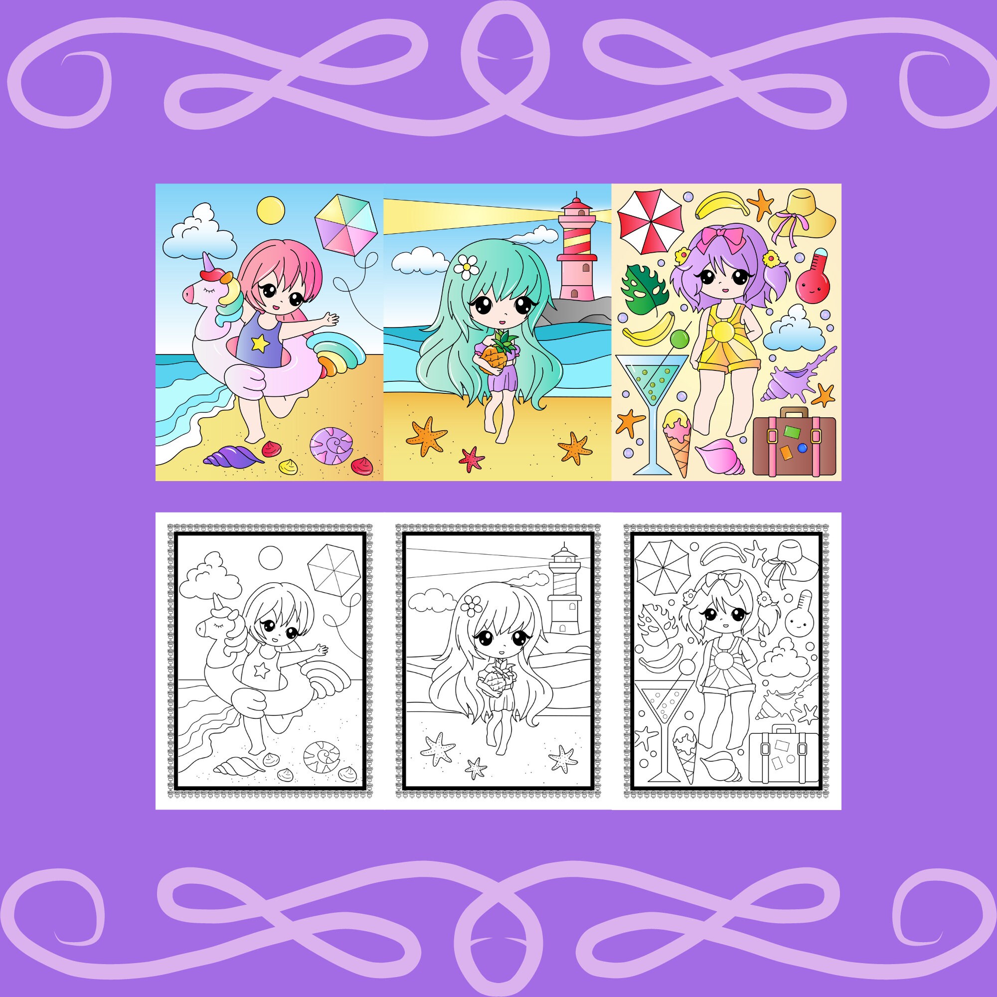 Beach Girl Coloring, Summer Coloring, Beach Coloring, Kawaii Coloring