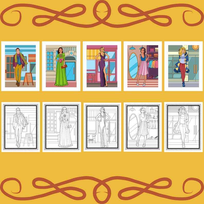 Puede incluir: Un conjunto de ocho p&aacute;ginas para colorear que presentan personas con diferentes atuendos y poses. Las p&aacute;ginas para colorear est&aacute;n en blanco y negro y tienen un estilo de arte lineal simple. Las personas est&aacute;n de pie frente a escaparates con ventanas y puertas.