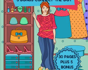 Libro para colorear Fashionista: 30 diseños + 5 juegos de unir puntos (Descarga digital)