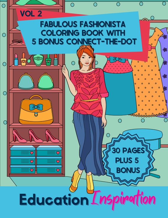 Fashionista Coloring Book: 30 Designs + 5 Connect-the-Dots (Digital Download)