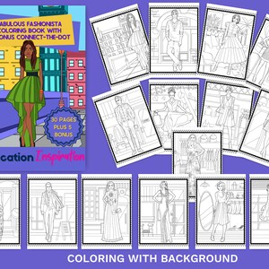Puede incluir: Un libro para colorear con 30 p&aacute;ginas y 5 p&aacute;ginas de puntos a conectar adicionales. La portada presenta a una mujer negra con cabello largo que lleva un vestido verde y est&aacute; de pie frente a una calle de la ciudad. El libro se titula "Fabulous Fashionista Coloring Book with 5 Bonus Connect-the-Dot".