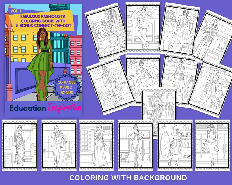 Puede incluir: Un libro para colorear con 30 p&aacute;ginas y 5 p&aacute;ginas de puntos a conectar adicionales. La portada presenta a una mujer negra con cabello largo que lleva un vestido verde y est&aacute; de pie frente a una calle de la ciudad. El libro se titula "Fabulous Fashionista Coloring Book with 5 Bonus Connect-the-Dot".
