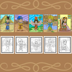 May include: A set of eight coloring pages featuring cartoon illustrations of Egyptian royalty. The illustrations include a pharaoh, a queen, and a goddess. The coloring pages are perfect for children who enjoy coloring and learning about ancient Egypt.