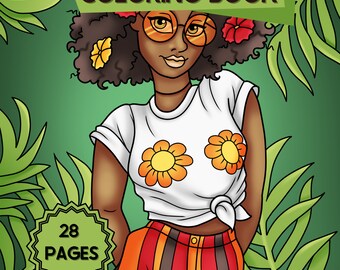Dibujos para colorear retro de los 70: Ilustraciones de moda hippie (Descarga digital)