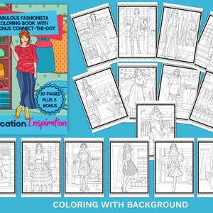 May include: A coloring book titled "Fabulous Fashionista Coloring Book" with 30 pages plus 5 bonus connect-the-dot activities. The cover features a fashion illustration and the words "Education Inspiration". Several fashion-themed coloring pages are displayed.