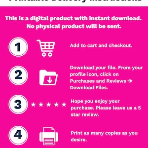 Puede incluir: Instrucciones imprimibles para un producto digital en cuatro pasos: agregar al carrito, descargar, dejar una rese&ntilde;a e imprimir. Las instrucciones est&aacute;n ilustradas con iconos y texto. El texto incluye la direcci&oacute;n del sitio web etsy.com/shop/educationinspiration.