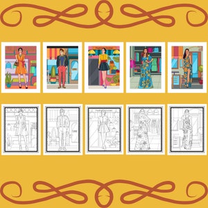 Puede incluir: Ocho ilustraciones de personas frente a una tienda de ropa. La fila superior muestra las ilustraciones en color, mientras que la fila inferior muestra las mismas ilustraciones en blanco y negro. La tienda tiene un letrero que dice "Fashion Outlet".
